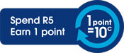 Spend R5 Earn 1 point - 1 point = 10c